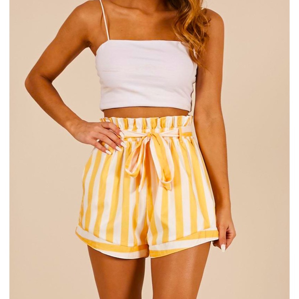 Showpo Yellow & White Striped High-Waist Paperbag Shorts